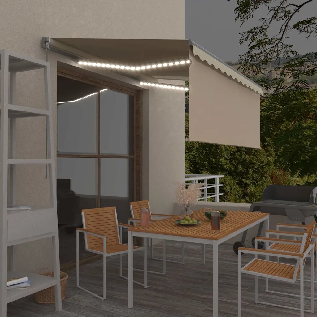 vidaXL Ръчно прибиращ се сенник с щора и LED 3x25 м кремав