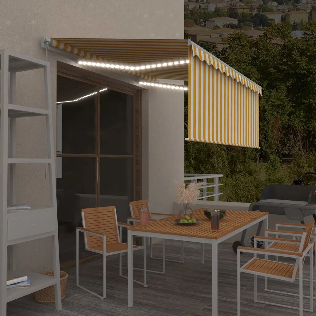 vidaXL Ръчно прибиращ се сенник с щора и LED 3x25 м жълто и бяло