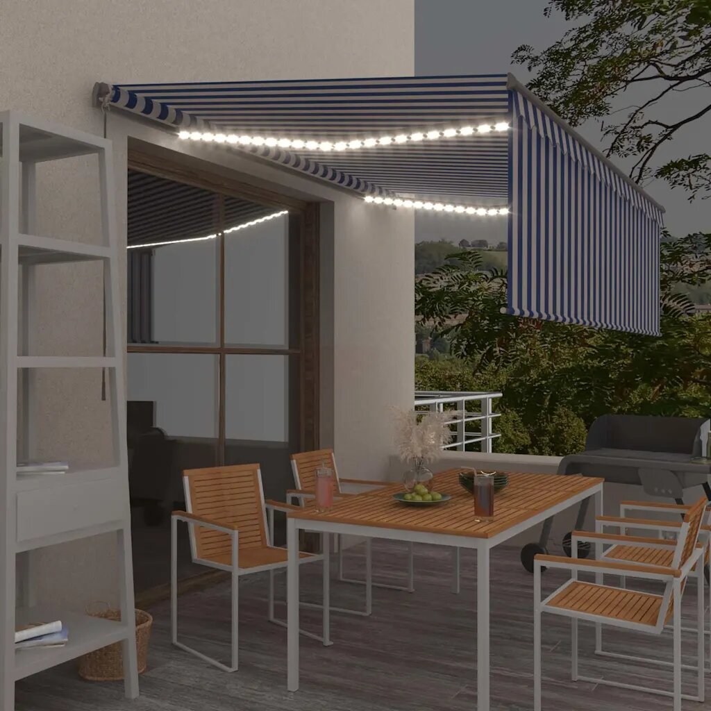 vidaXL Ръчно прибиращ се сенник с щора и LED 45x3 м синьо и бяло