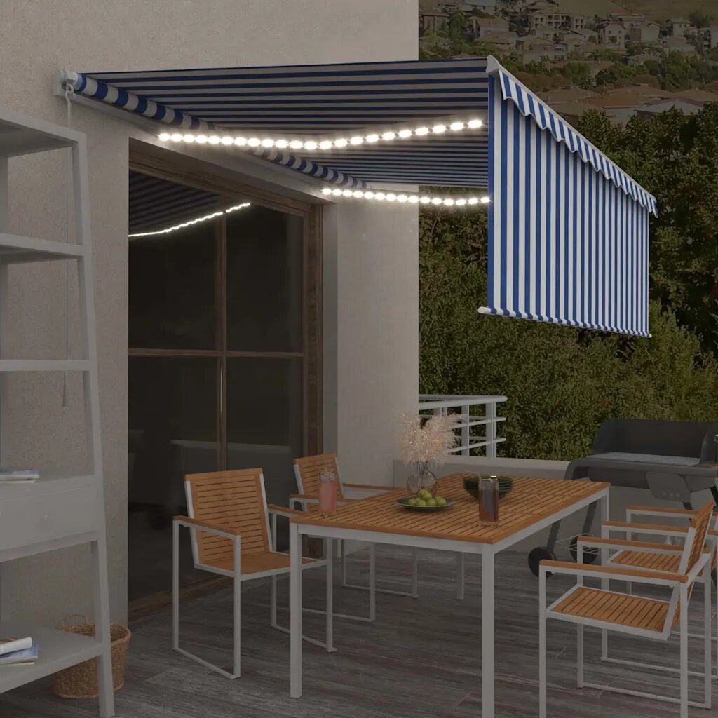 vidaXL Ръчно прибиращ се сенник с щора и LED 45x3 м синьо и бяло