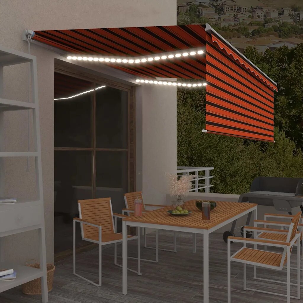 vidaXL Ръчно прибиращ се сенник с щора и LED 4x3 м оранжево-кафяв