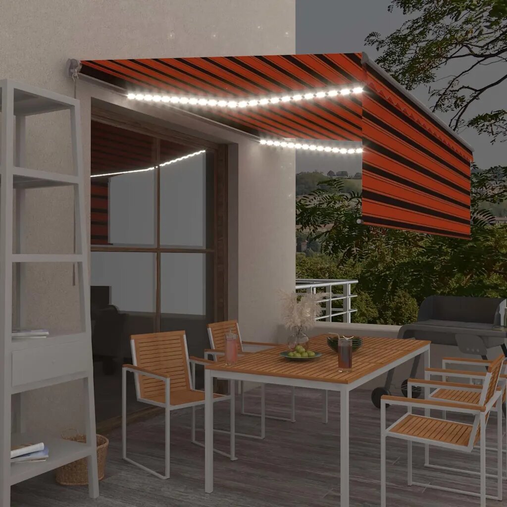 vidaXL Ръчно прибиращ се сенник с щора и LED 4x3 м оранжево-кафяв
