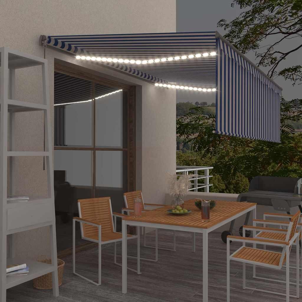 vidaXL Ръчно прибиращ се сенник с щора и LED 4x3 м синьо и бяло