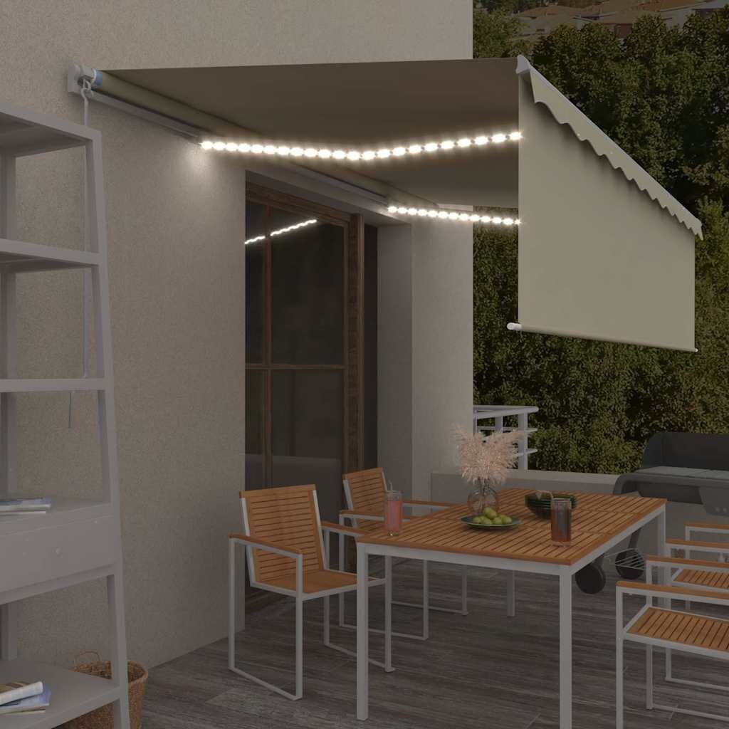 vidaXL Ръчно прибиращ се сенник с щорa и LED 5x3 м кремав