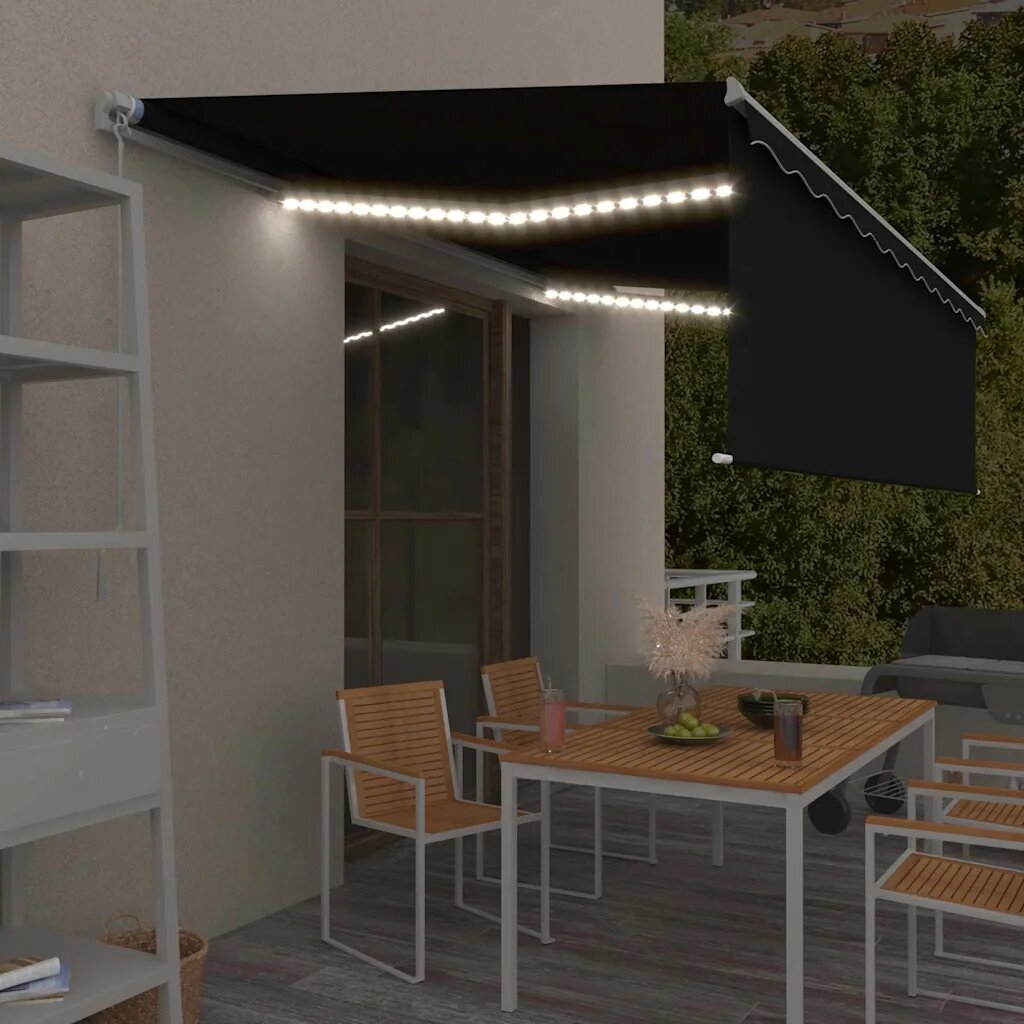 vidaXL Ръчно прибиращ се сенник с щори и LED 5x3 м антрацит