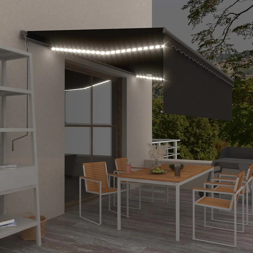 vidaXL Ръчно прибиращ се сенник с щори и LED 5x3 м антрацит