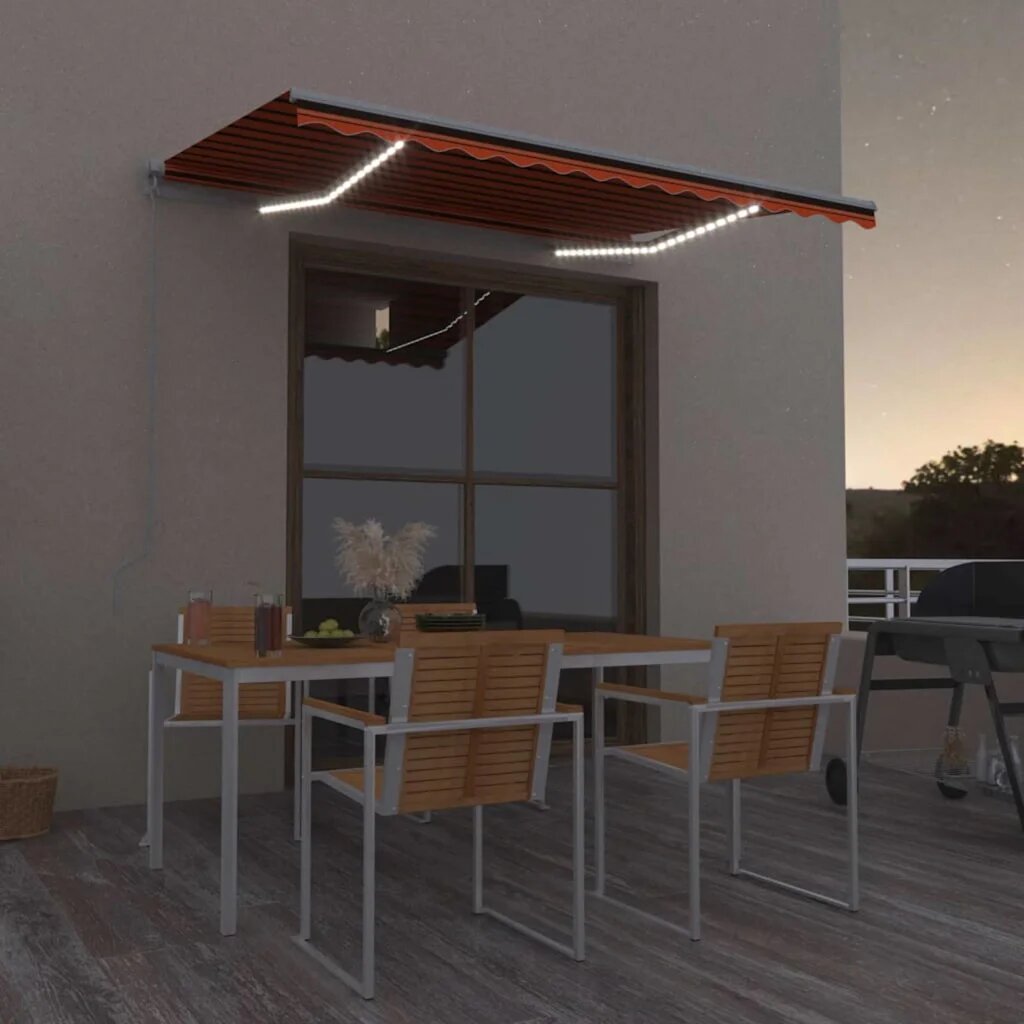 vidaXL Ръчно прибираща се тента с LED 350x250 см оранжево и кафяво