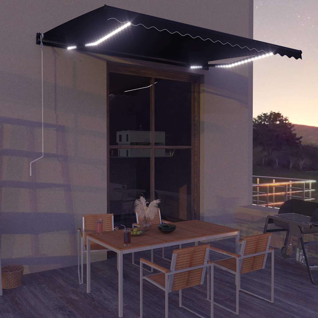 vidaXL Ръчно прибираща се тента с LED 450x300 см антрацит