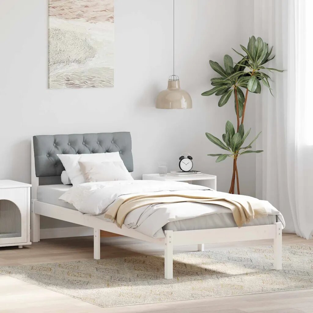 vidaXL Рамка на леглото Бял и светлосив 75 x 190 cm Борово дърво масив