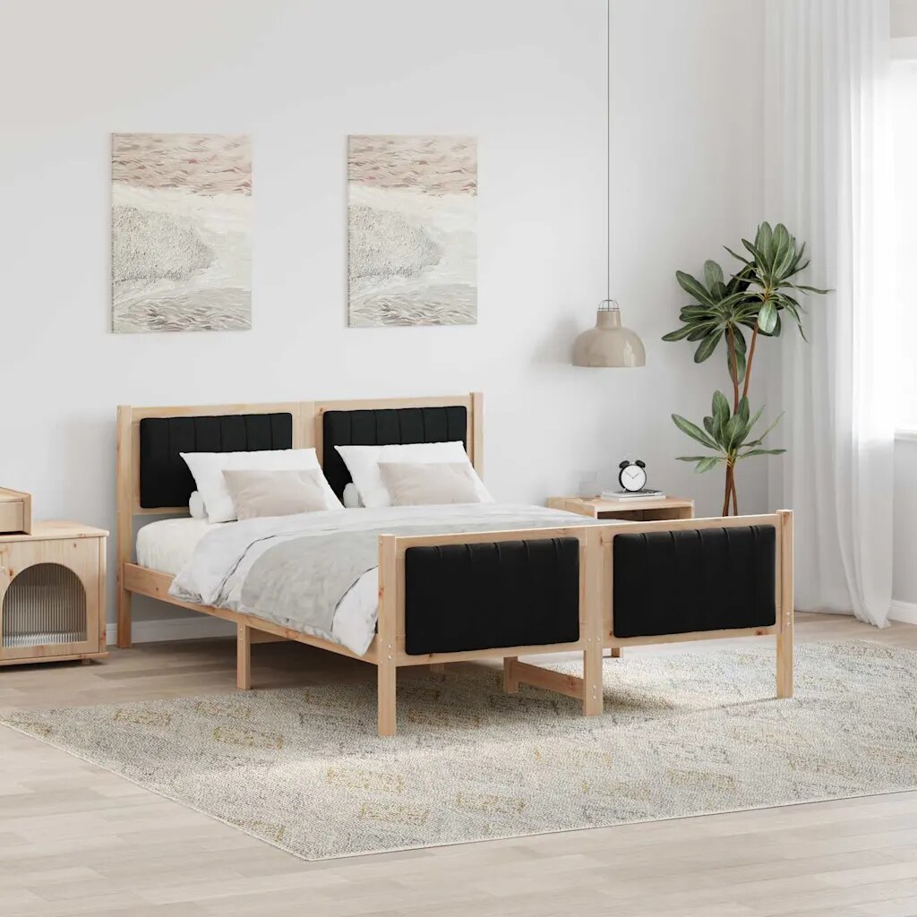 vidaXL Рамка на леглото Кафяв и черен 135 x 190 cm Борово дърво масив