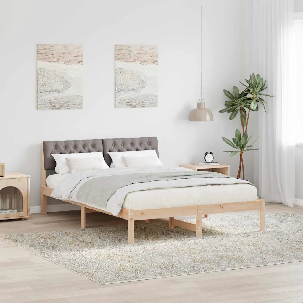 vidaXL Рамка на леглото Кафяво и таупе 135 x 190 cm Борово дърво масив