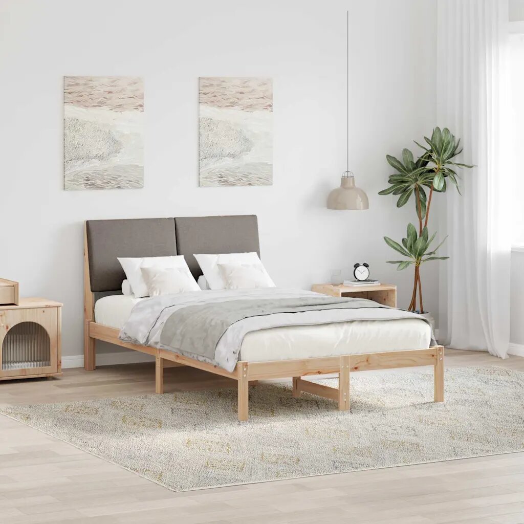 vidaXL Рамка на леглото Кафяво и таупе 135 x 190 cm Борово дърво масив