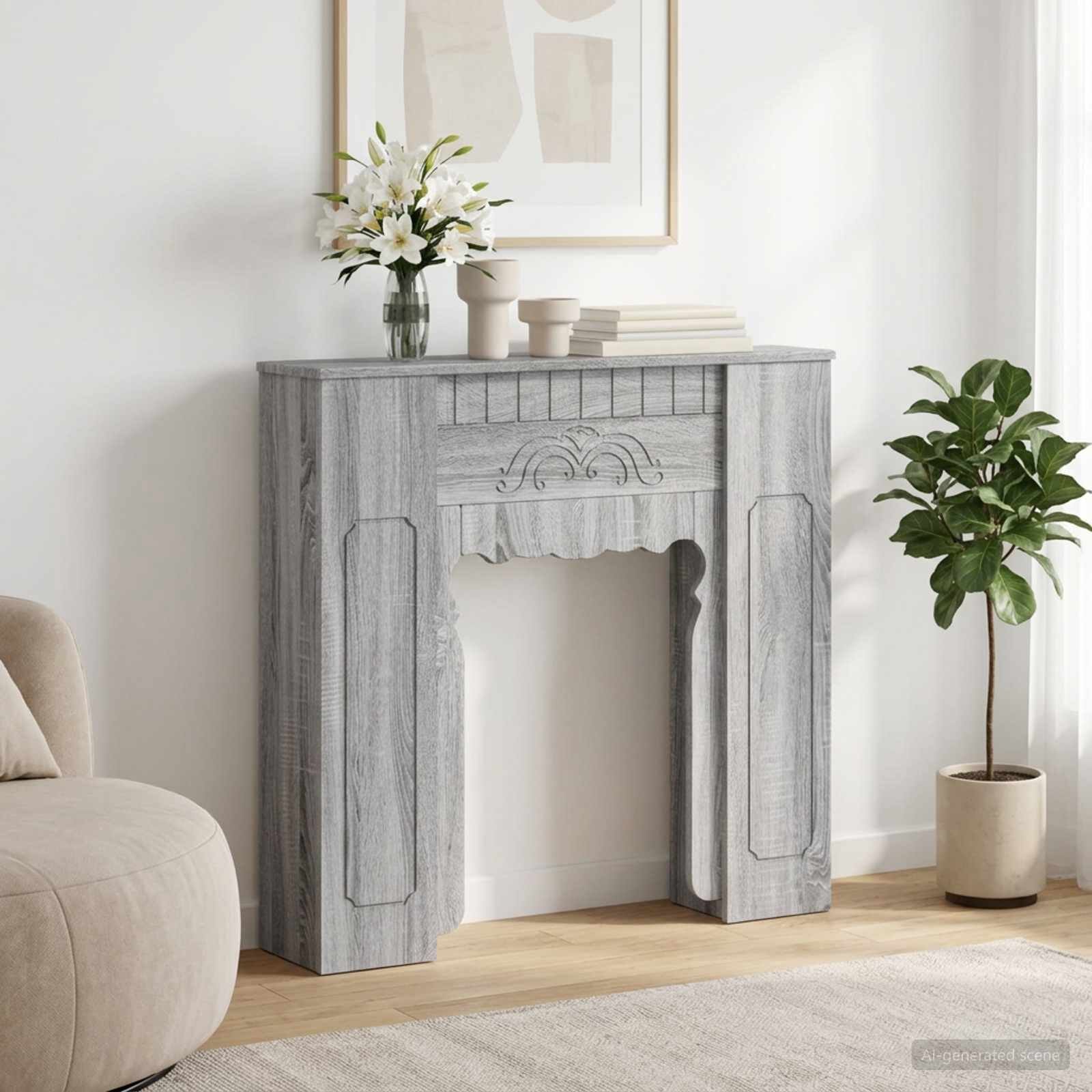 vidaXL Рамка за камина Сив Сонома 93 x 20 x 89 см Инженерна дървесина