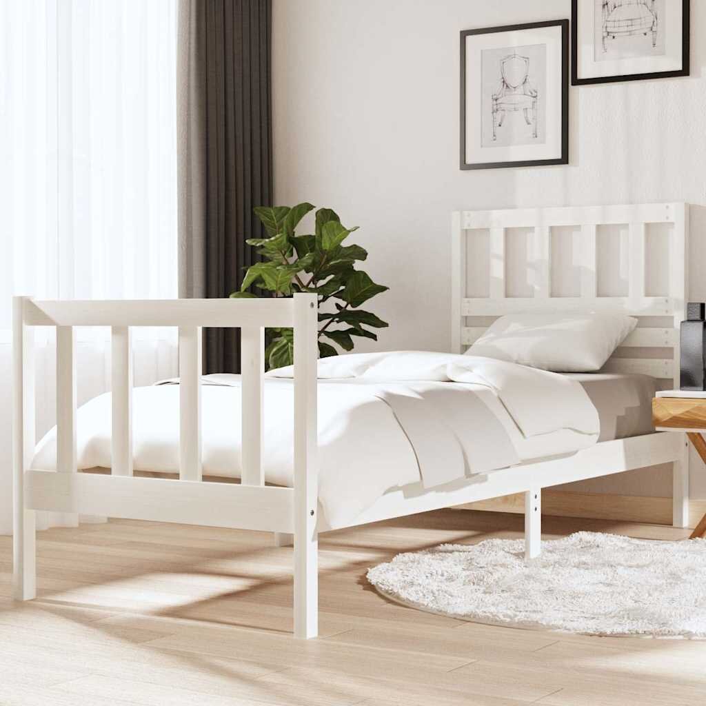 vidaXL рамка за легло бяла 75x190 см Small Single дърво масив