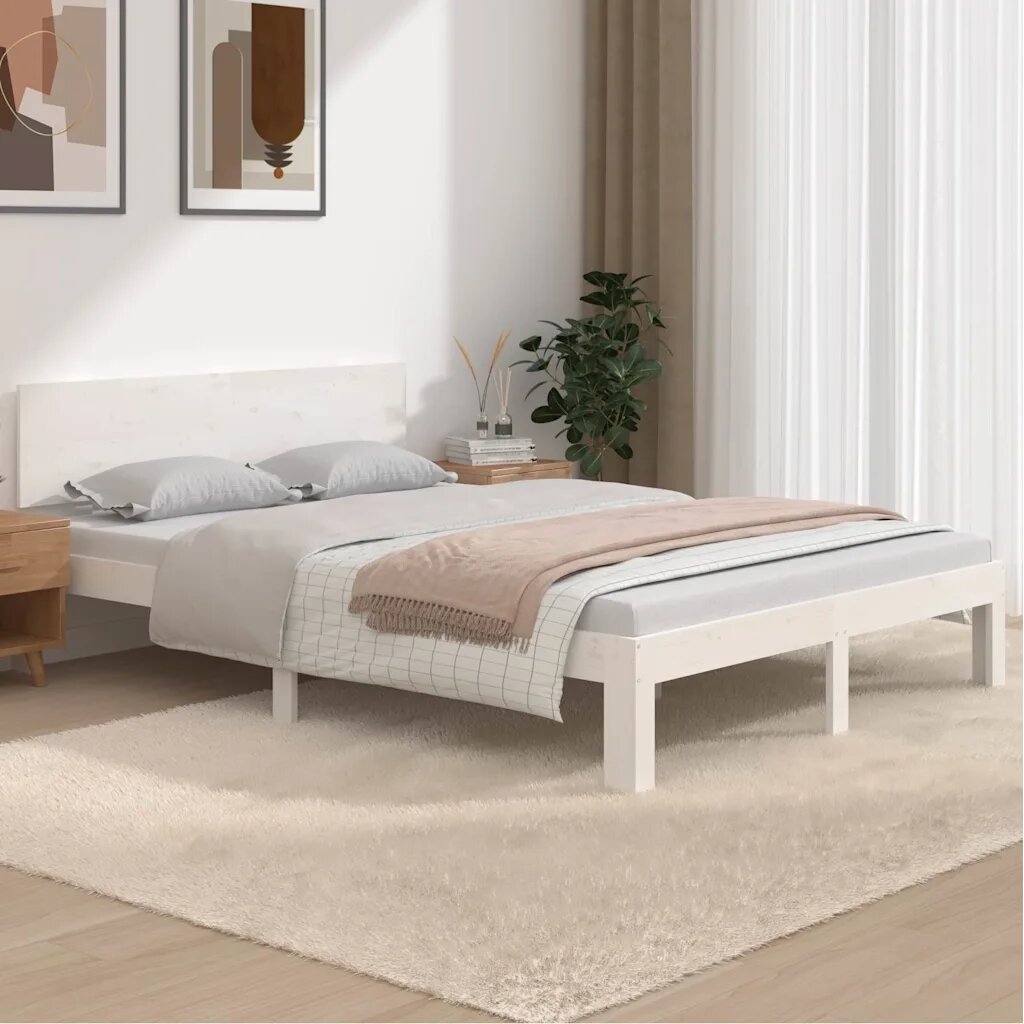 vidaXL Рамка за легло бяла дърво масив 135x190 cм Double