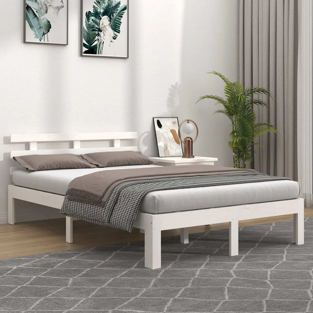vidaXL Рамка за легло бяла дърво масив 135x190 cм Double