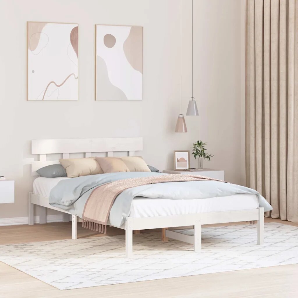 vidaXL Рамка за легло Бяло 135 x 190 cm Масивна борова дървесина