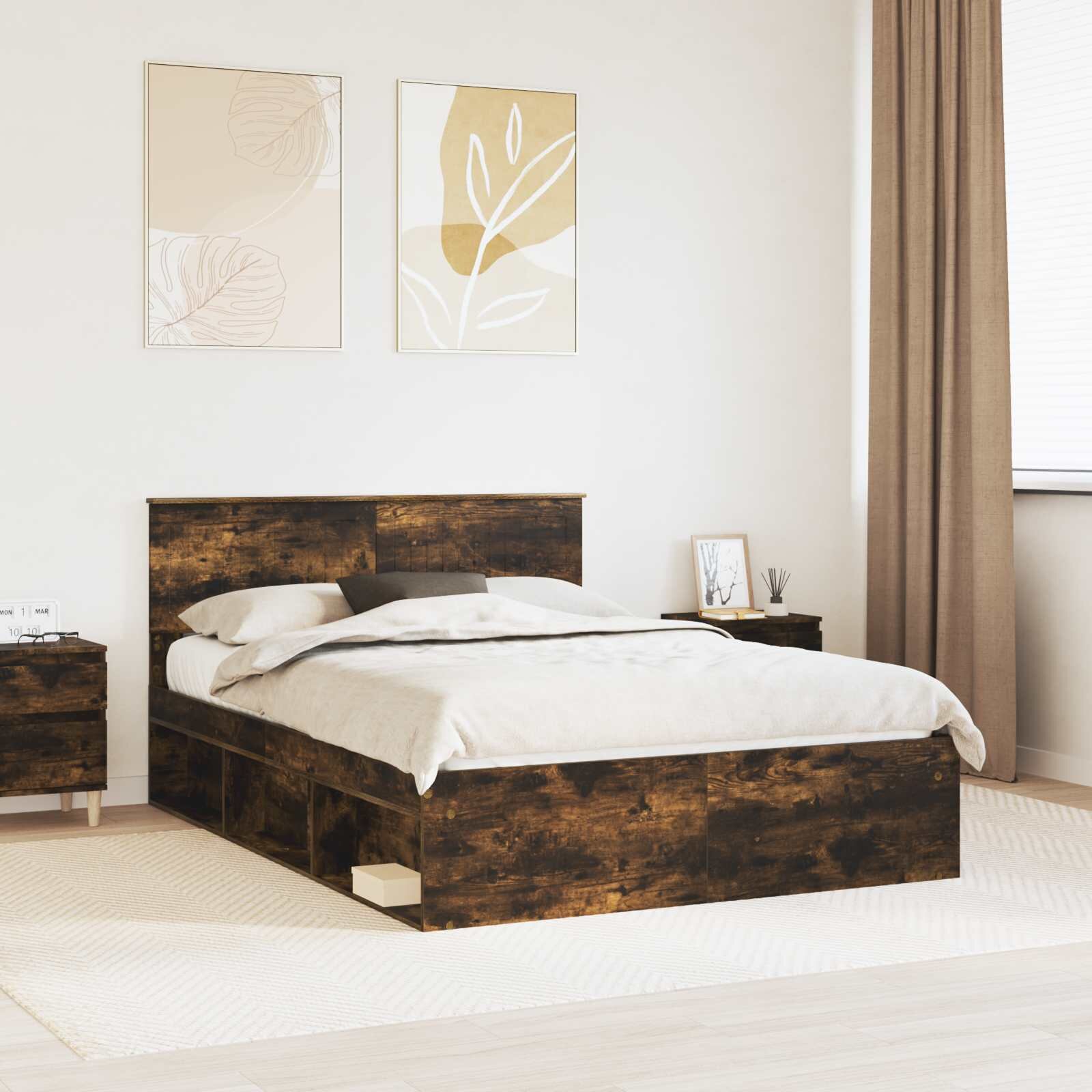 vidaXL Рамка за легло Димян дъб 140 x 200 cm Солидно борово дърво