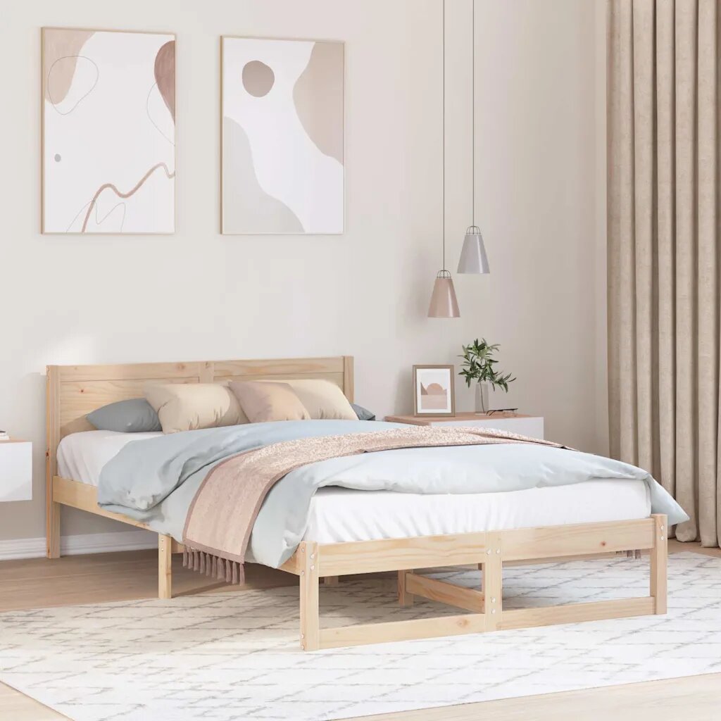 vidaXL Рамка за легло Естествен 135 x 190 cm Солидно борово дърво