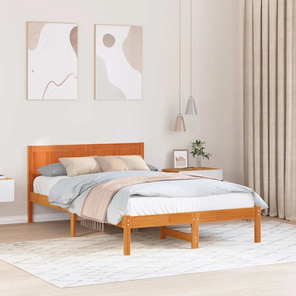vidaXL Рамка за легло Кафяво 135 x 190 cm Масивна борова дървесина