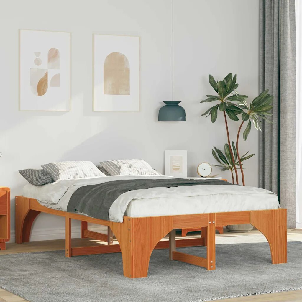 vidaXL Рамка за легло Кафяво 135 x 190 cm Солидно борово дърво