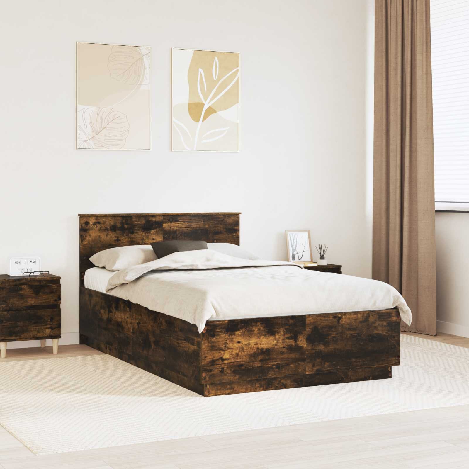 vidaXL Рамка за легло Опушен дъб 135 x 190 cm Инженерна дървесина