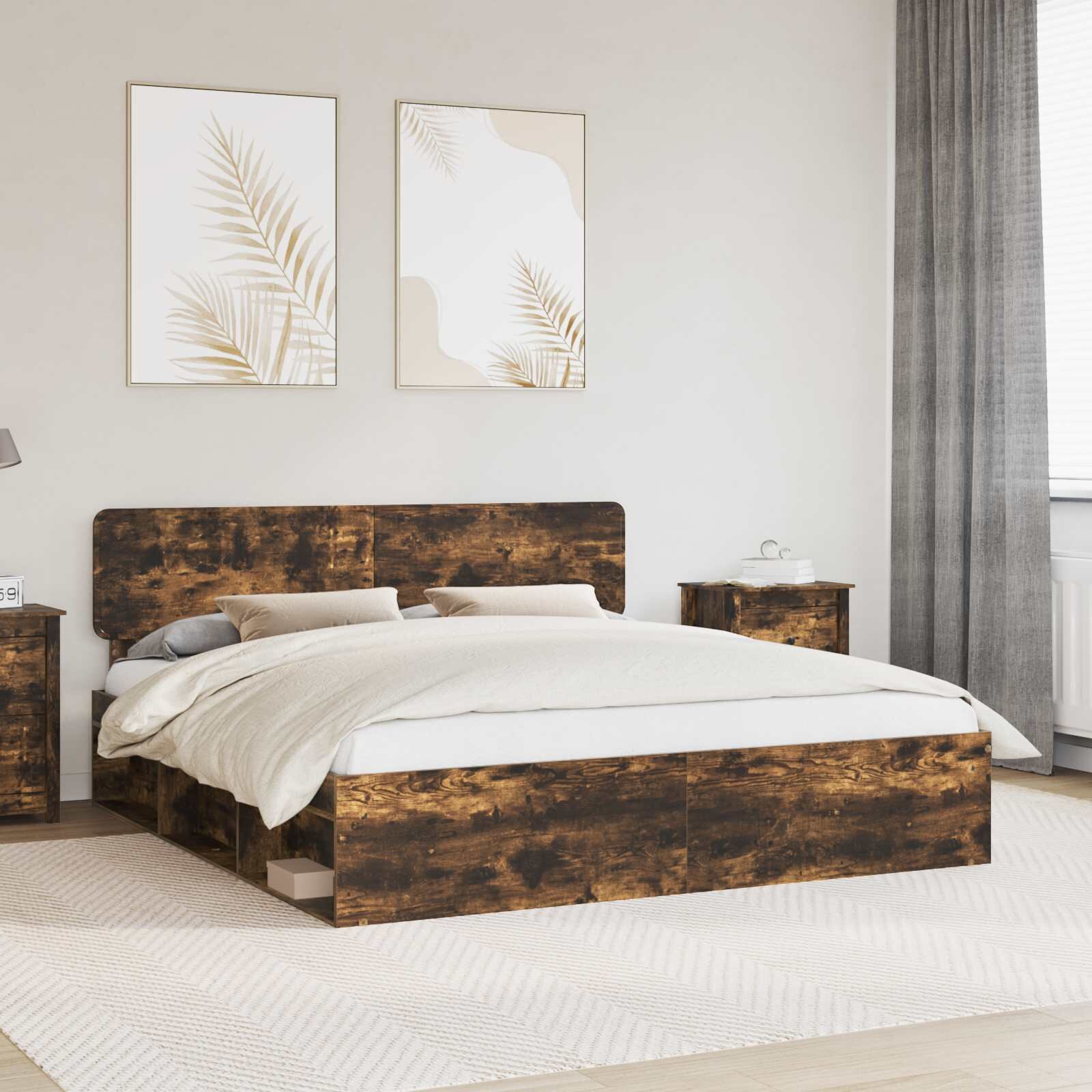 vidaXL Рамка за легло Опушен дъб 180 x 200 cm Солидно борово дърво