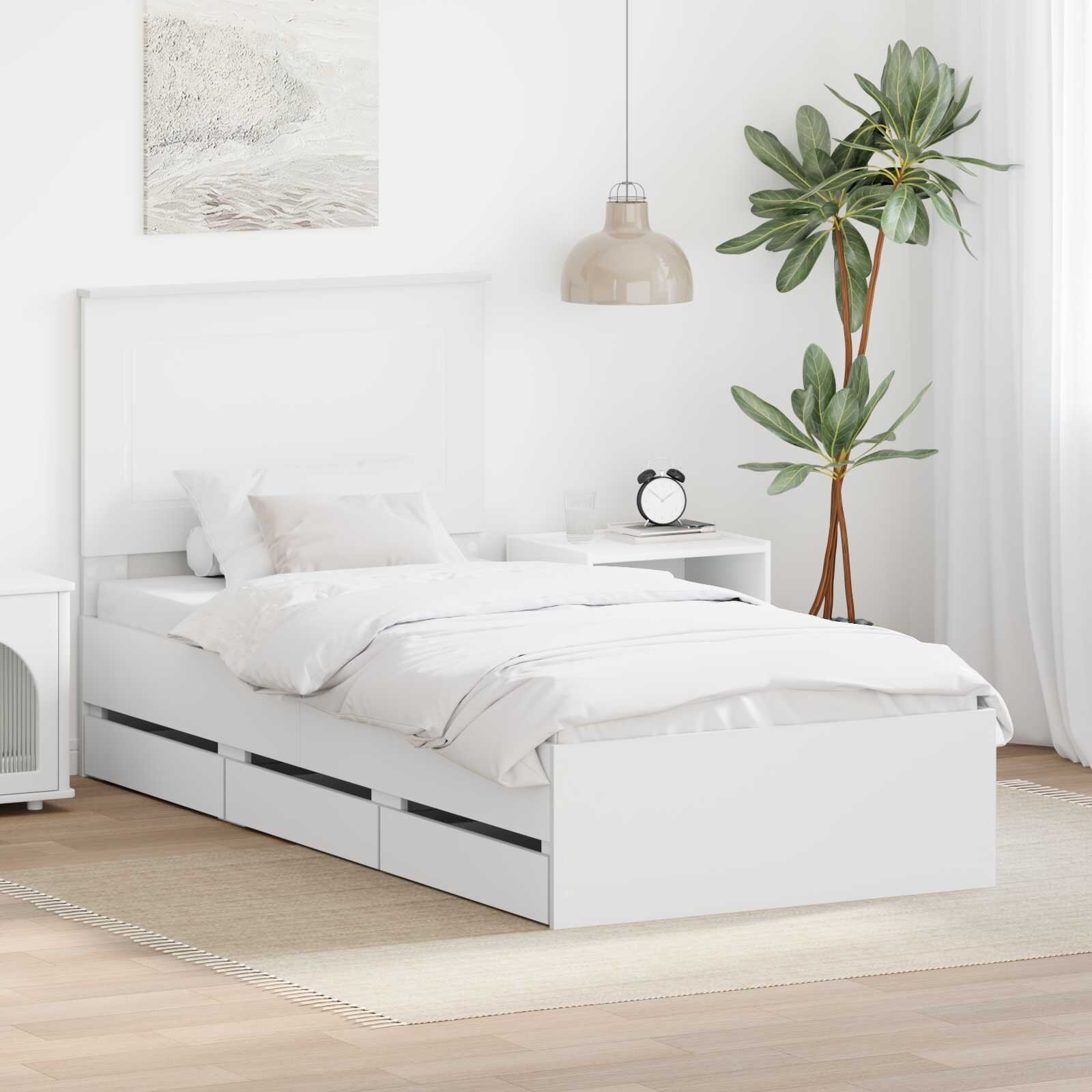 vidaXL Рамка за легло с чекмедже Бяло 90 x 190 cm Инженерна дървесина
