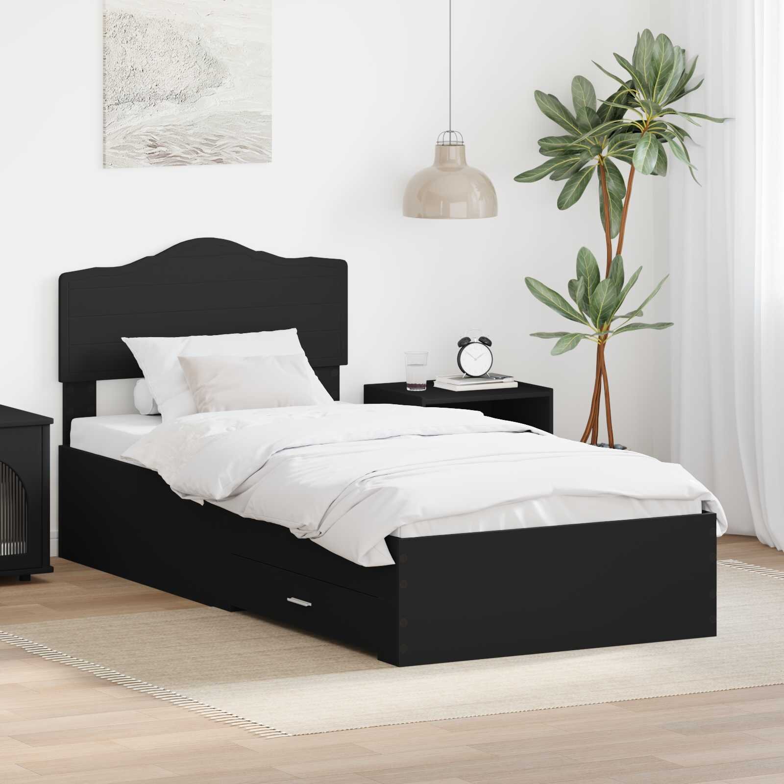 vidaXL Рамка за легло с чекмедже Черно 70 x 190 cm Инженерна дървесина