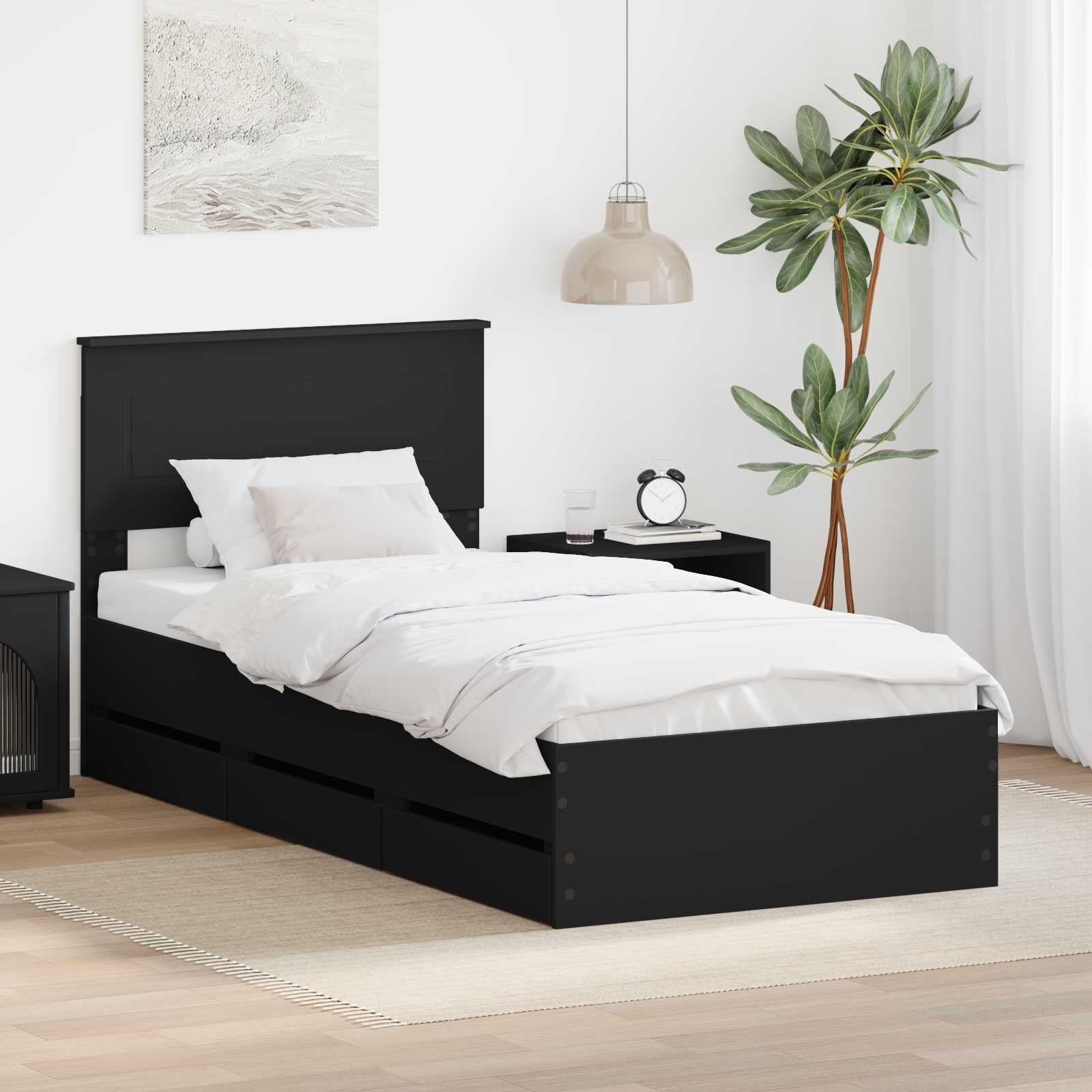 vidaXL Рамка за легло с чекмедже Черно 75 x 190 cm Инженерна дървесина