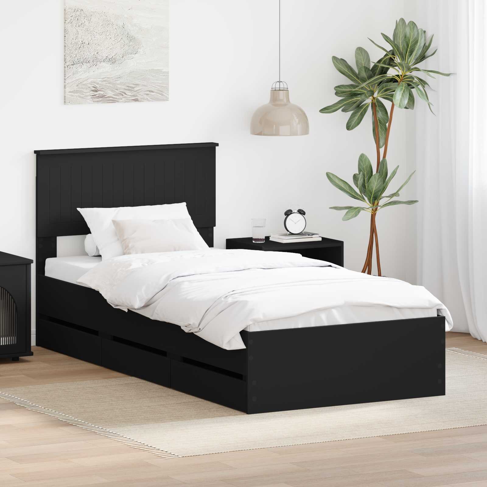 vidaXL Рамка за легло с чекмедже Черно 90 x 190 cm Инженерна дървесина