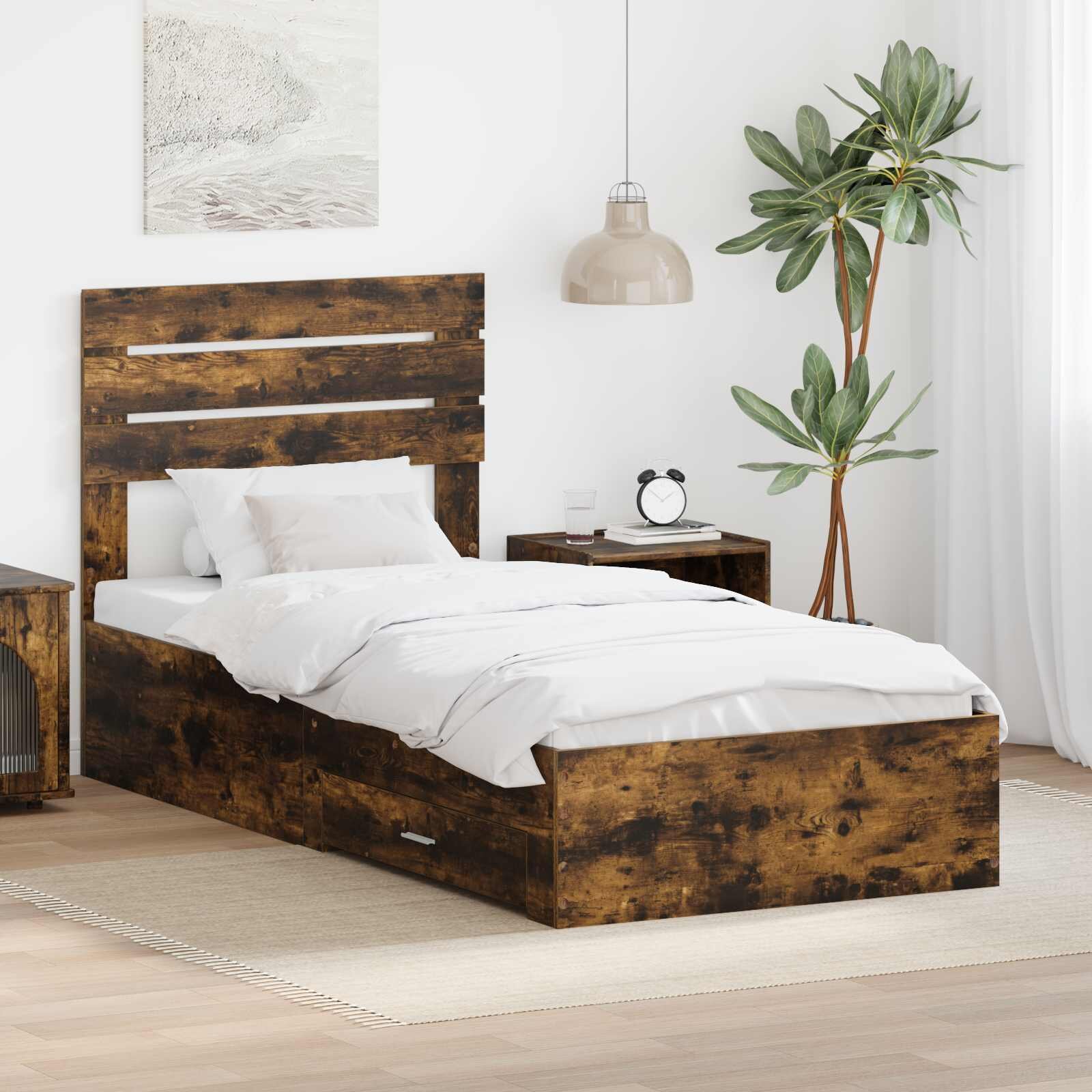 vidaXL Рамка за легло с чекмедже Опушен дъб и сребро 75 x 190 cm