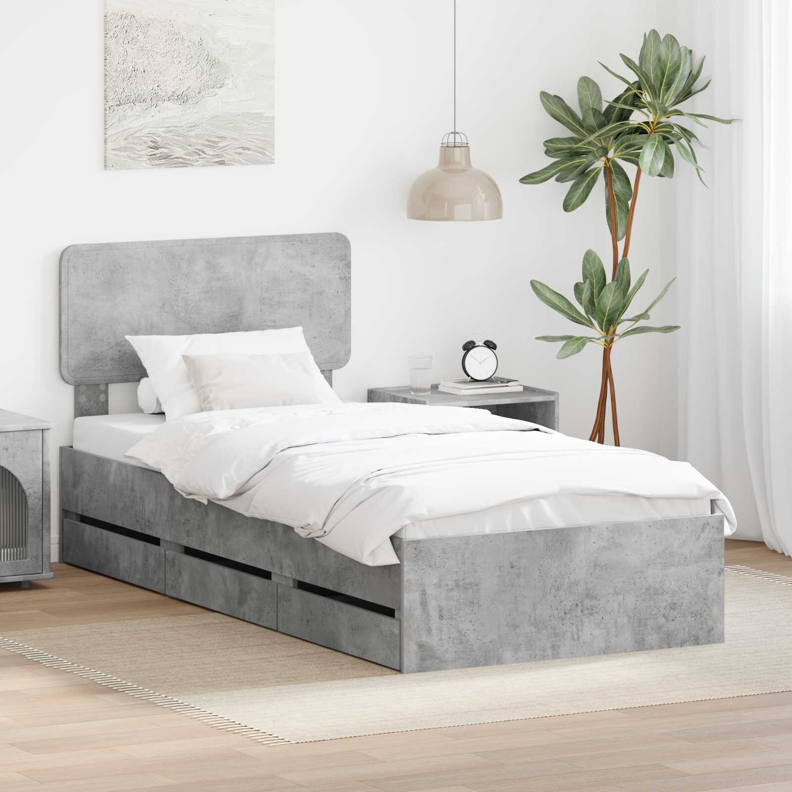 vidaXL Рамка за легло с чекмедже с таблото Бетонно Сиво 90 x 190 cm