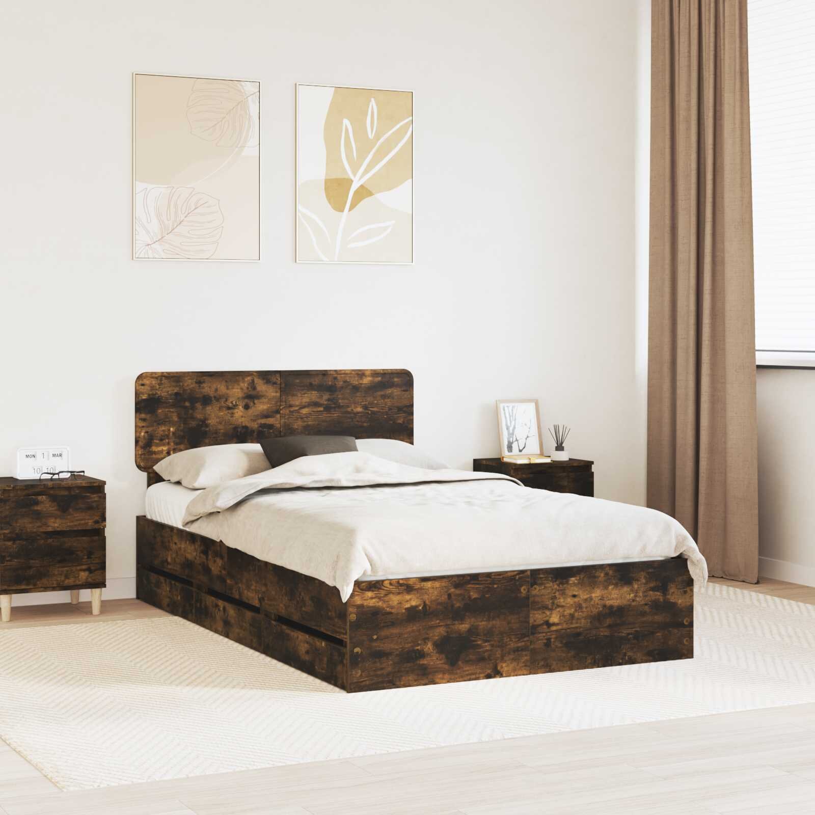 vidaXL Рамка за легло с чекмедже с таблото Пушена Дъб 120 x 190 cm