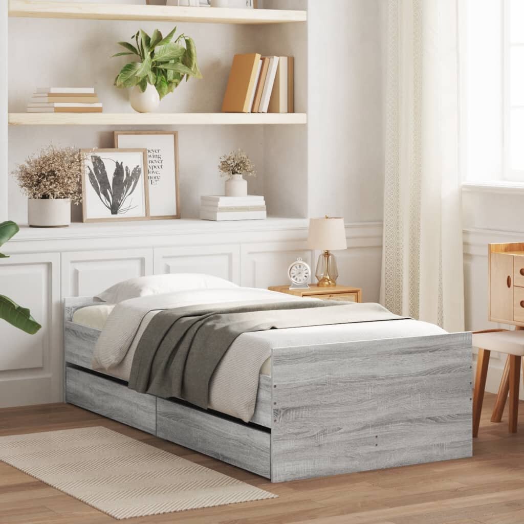 vidaXL Рамка за легло с чекмеджета сив сонома 75x190 см Small Single