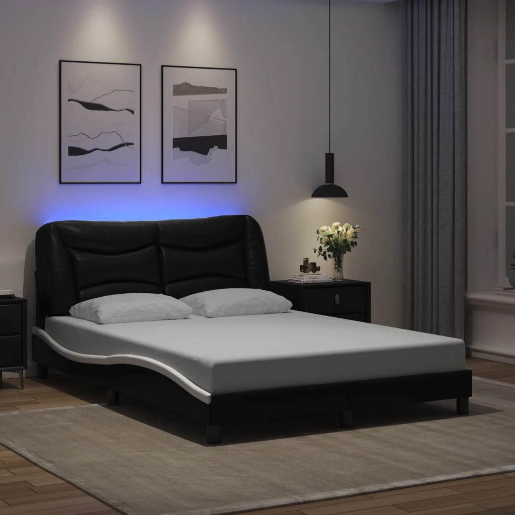 vidaXL Рамка за легло с LED без матрак Hvar черно-бяла 140x200 cм