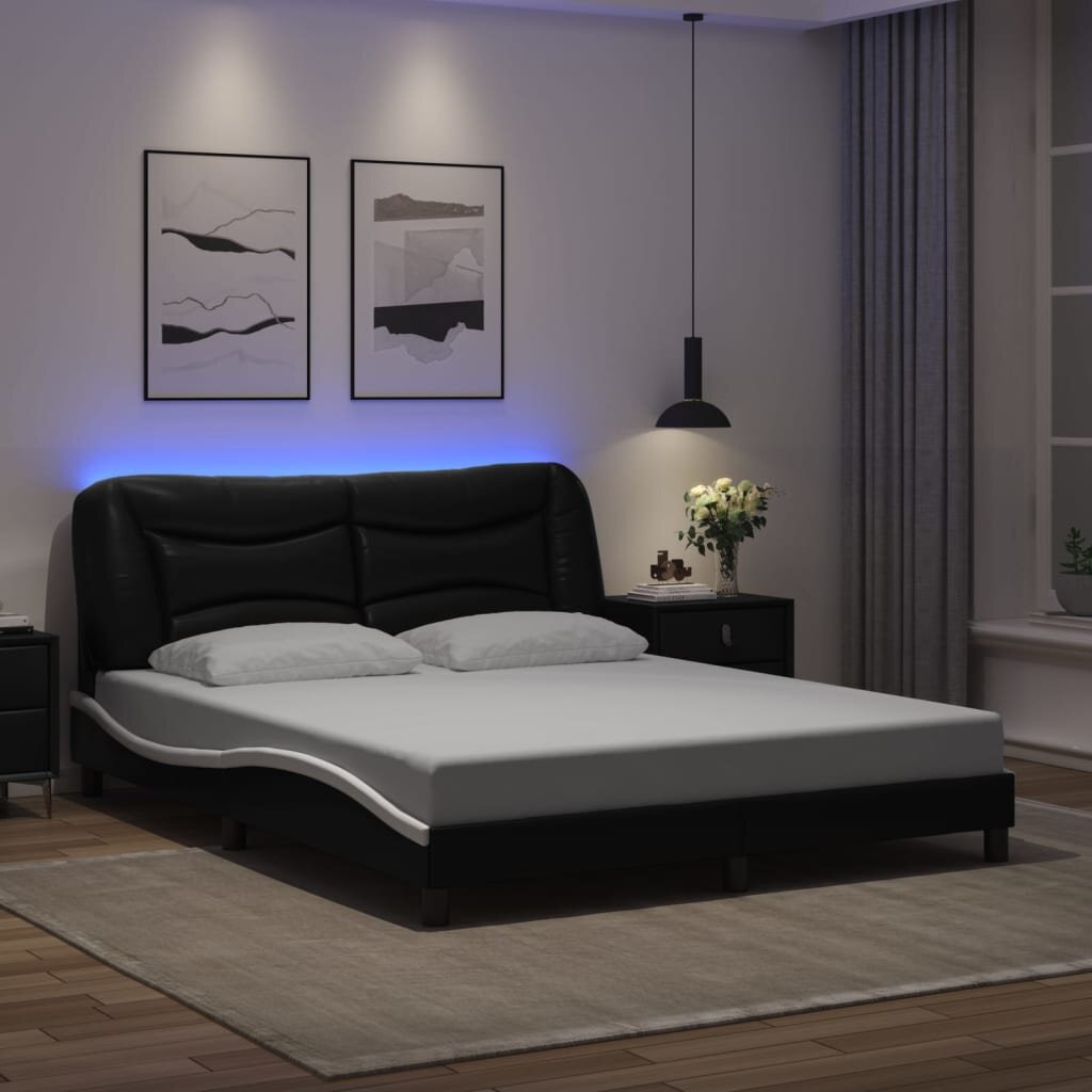 vidaXL Рамка за легло с LED без матрак Hvar черно-бяла 160x200 cм
