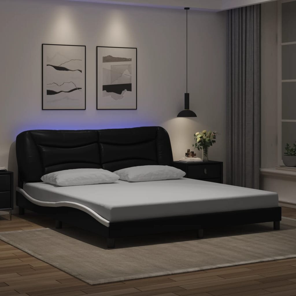 vidaXL Рамка за легло с LED без матрак Hvar черно-бяла 180x200 см