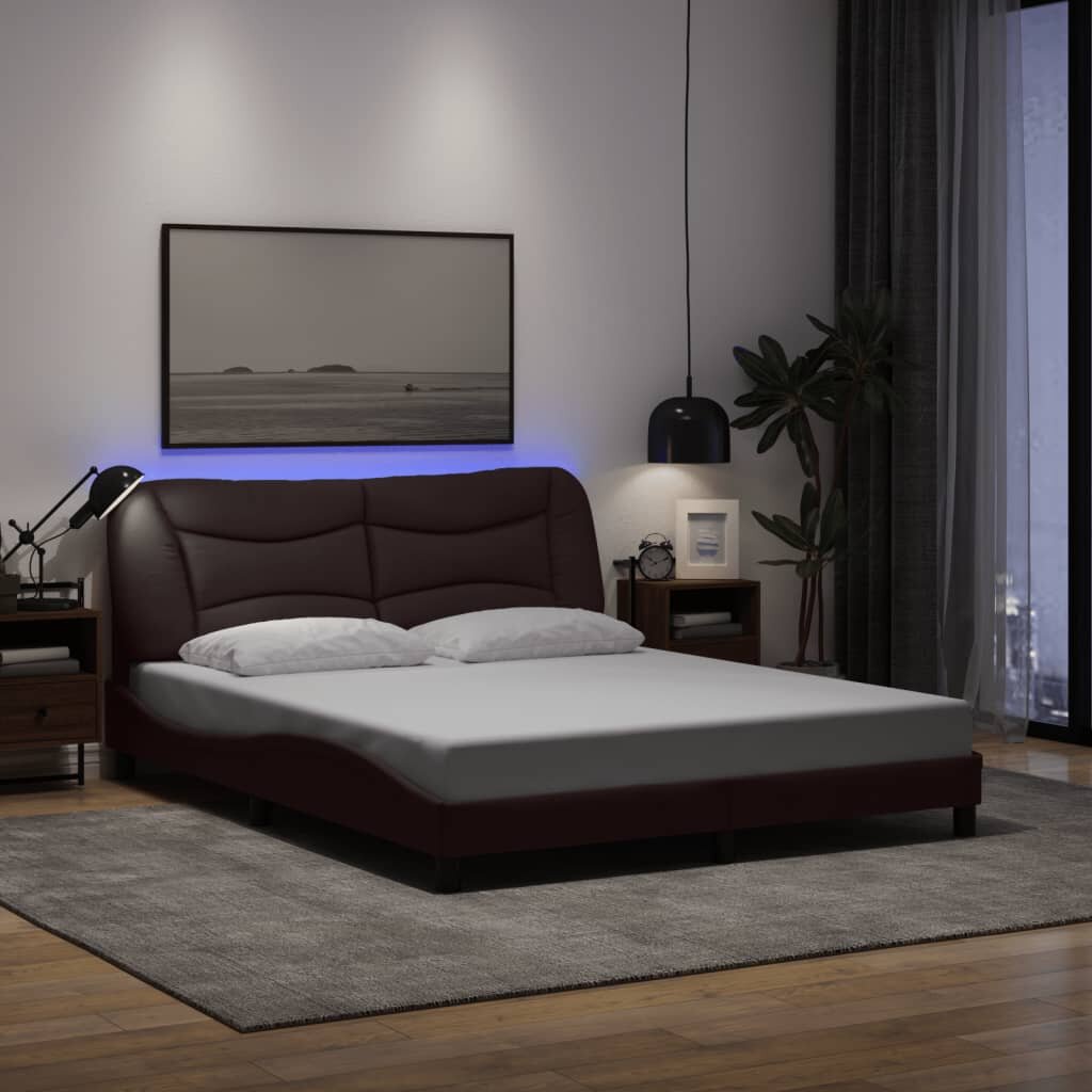 vidaXL Рамка за легло с LED без матрак Hvar тъмнокафява 160x200 см плат