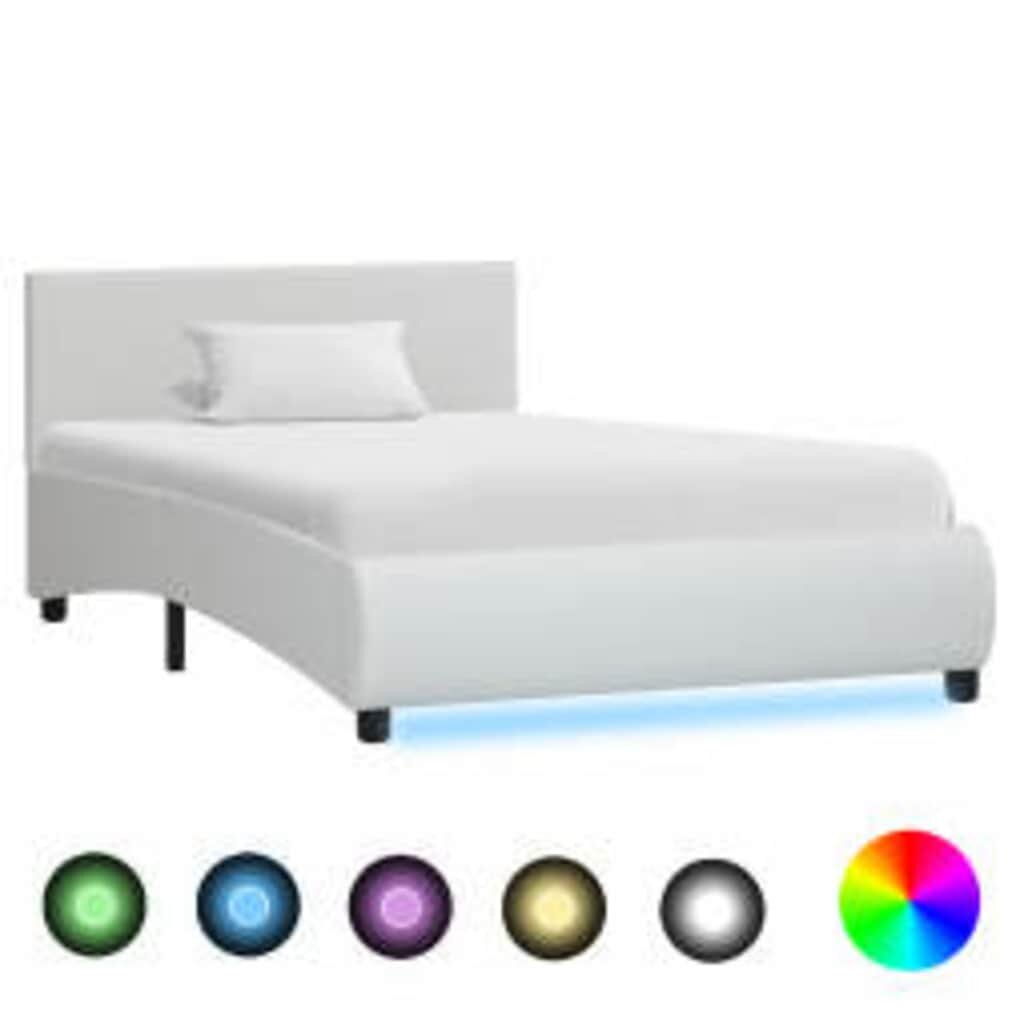 vidaXL Рамка за легло с LED бяла изкуствена кожа 90x200 cм