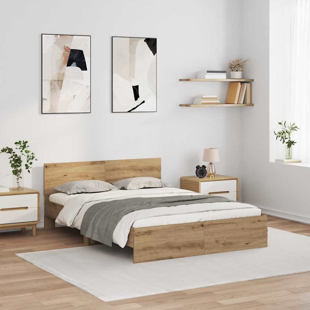 vidaXL Рамка за легло с LED ленти Дъб 135 x 190 cm Инженерна дървесина
