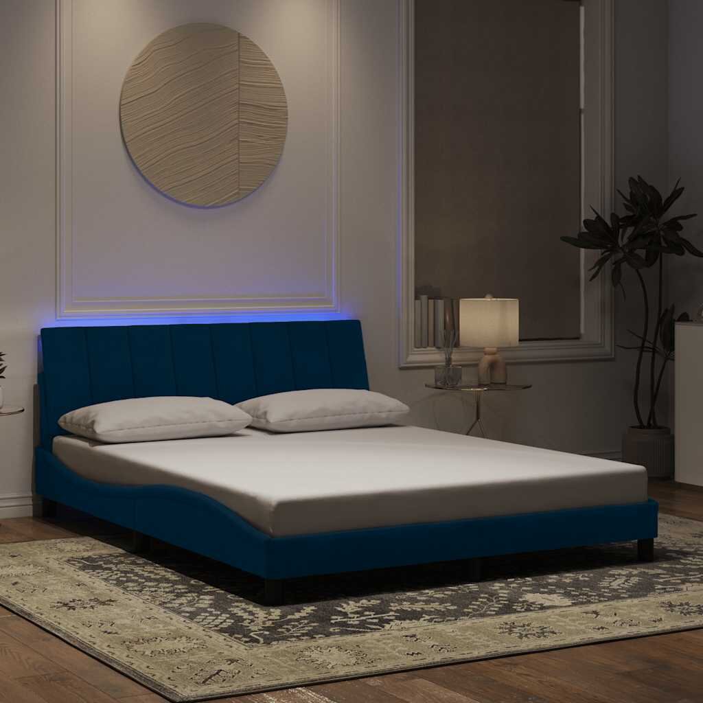 vidaXL Рамка за легло с LED осветление без матрак Hanko синя 160x200 см кадифе