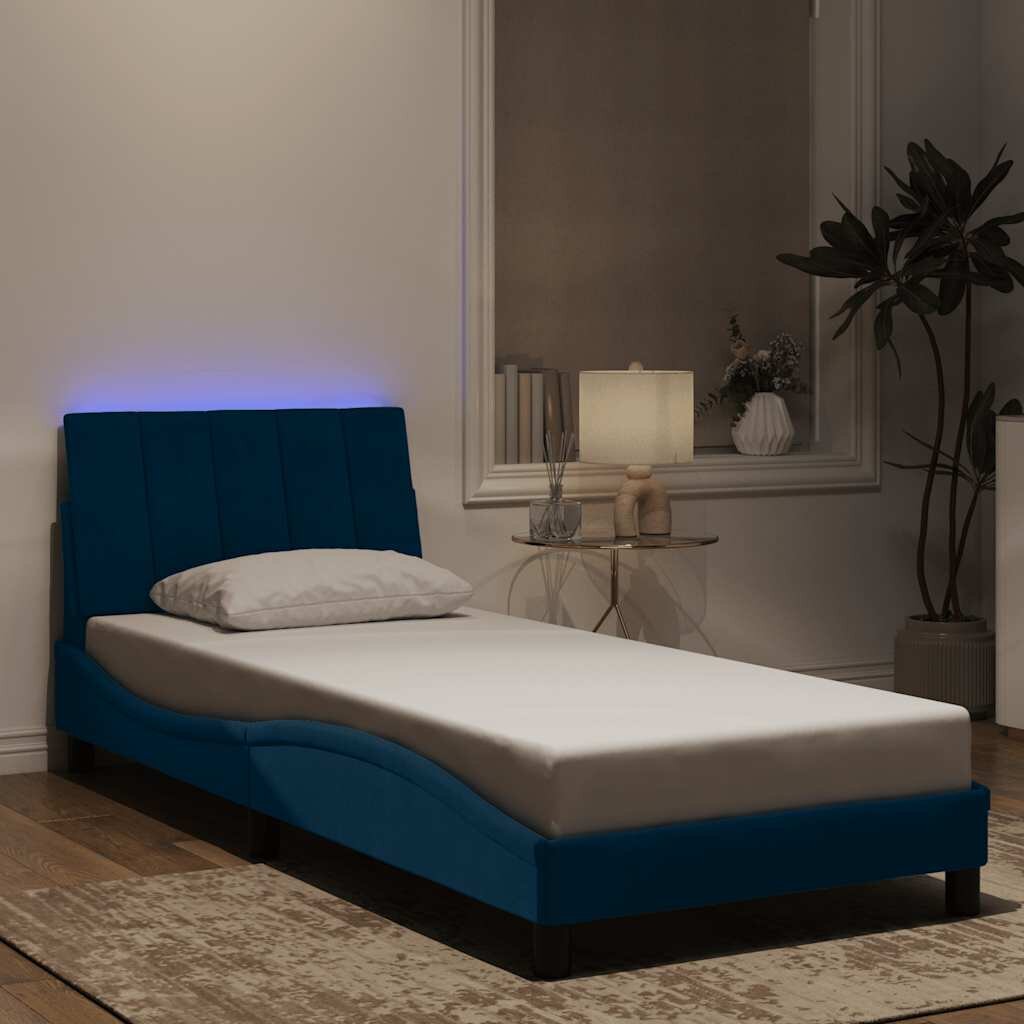 vidaXL Рамка за легло с LED осветление без матрак Hanko синя 90x200 см кадифе