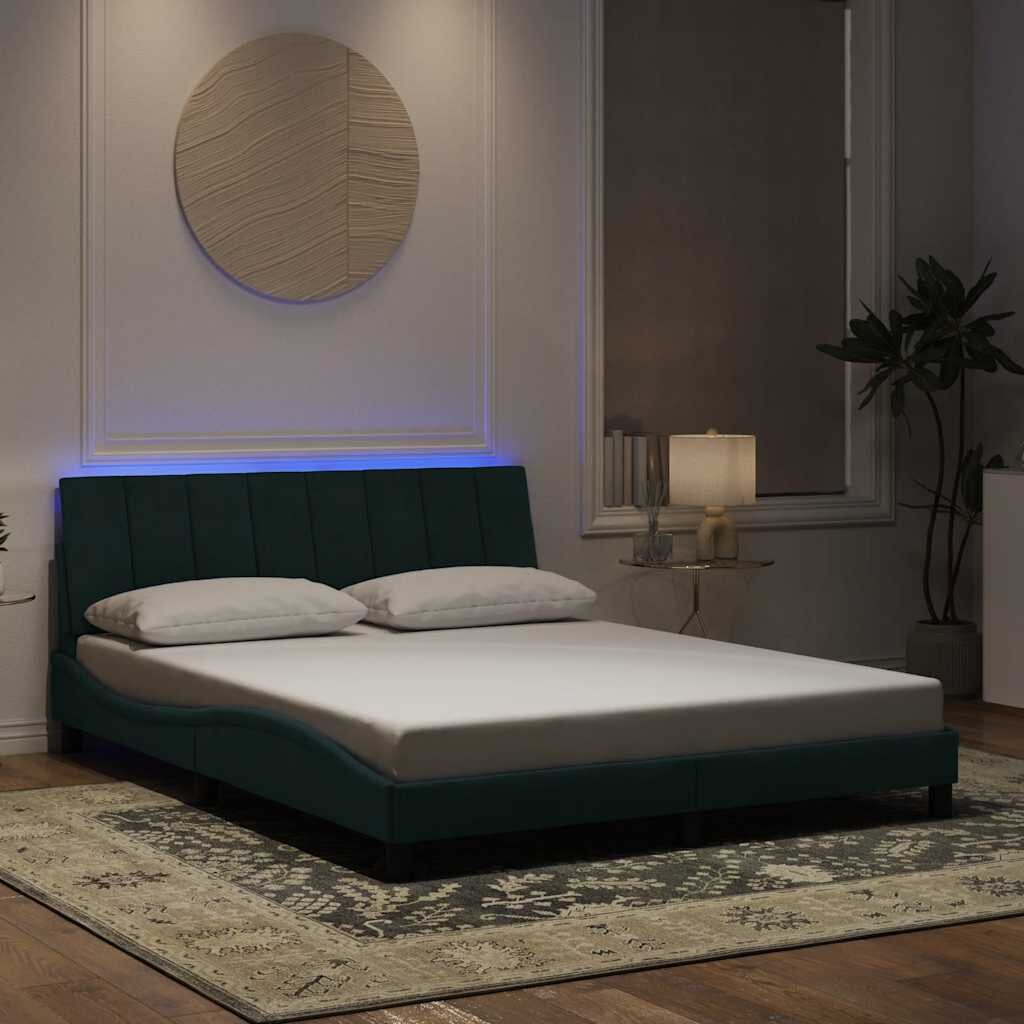 vidaXL Рамка за легло с LED осветление без матрак Hanko тъмнозелена 160x200 см кадифе
