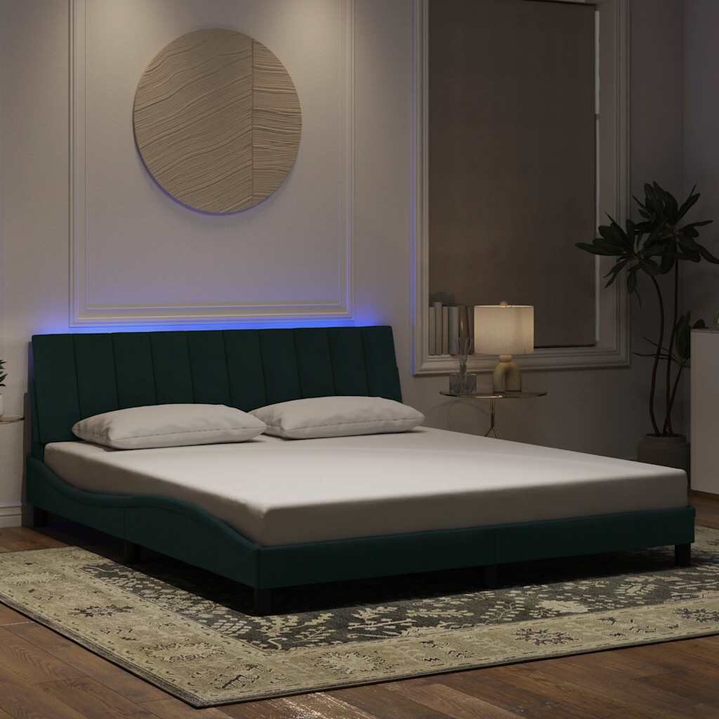 vidaXL Рамка за легло с LED осветление без матрак Hanko тъмнозелена 180x200 см кадифе