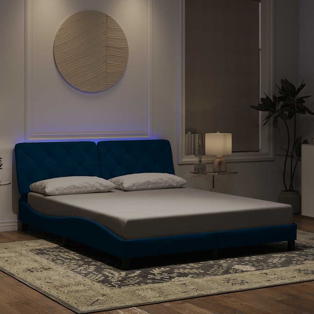 vidaXL Рамка за легло с LED осветление без матрак синя 160x200 см кадифе