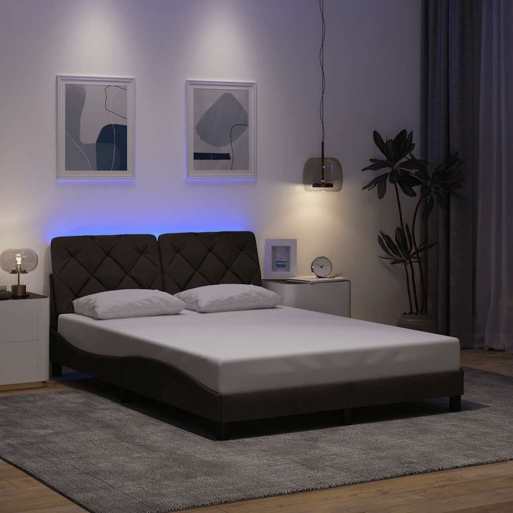 vidaXL Рамка за легло с LED осветление без матрак тъмнокафява 140x190 см плат