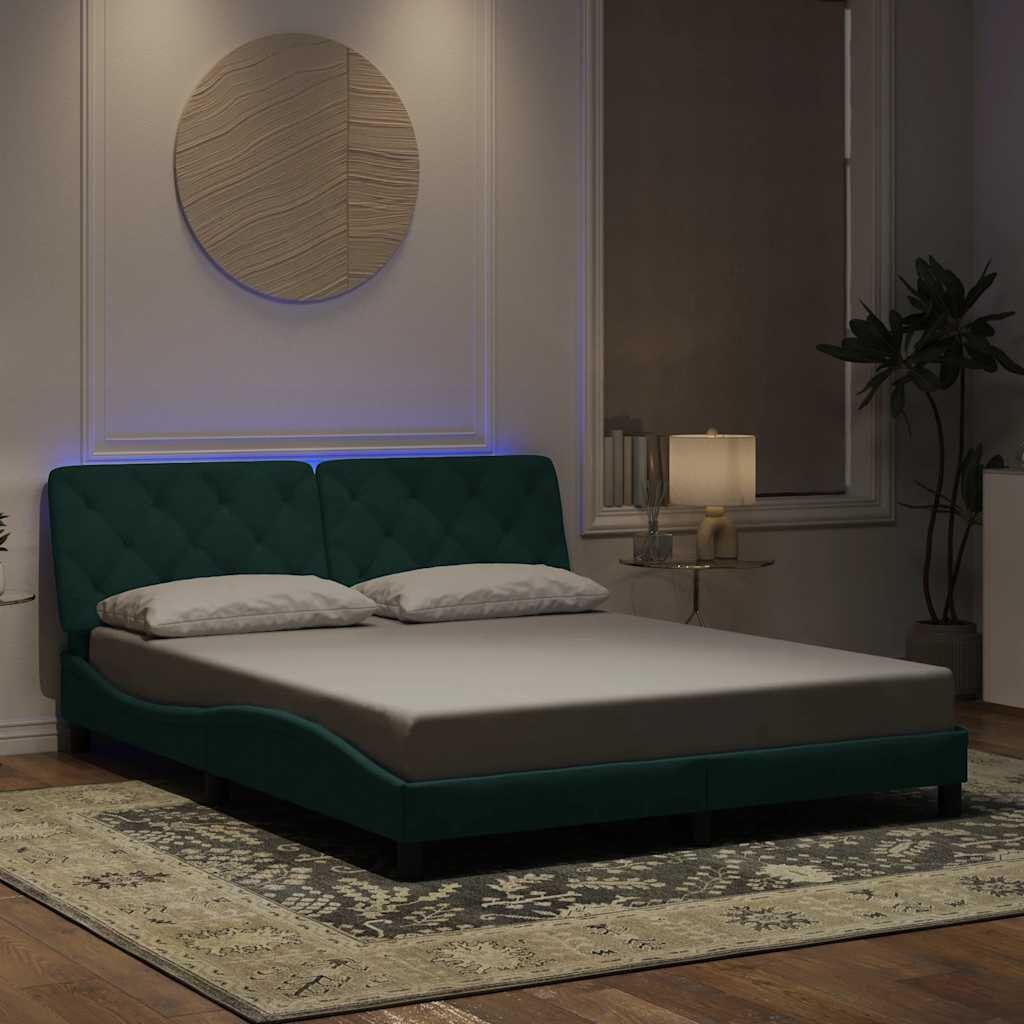 vidaXL Рамка за легло с LED осветление без матрак тъмнозелена 160x200 см кадифе