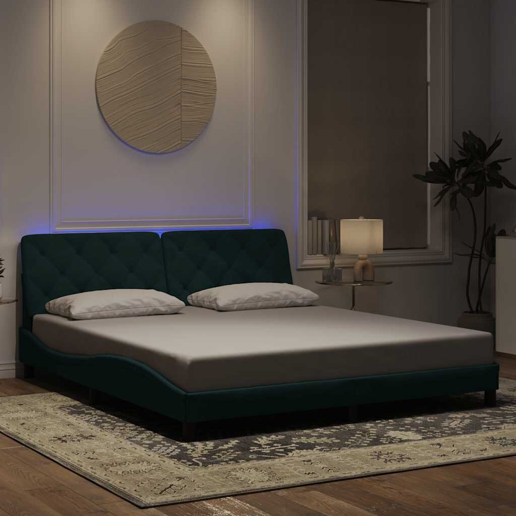 vidaXL Рамка за легло с LED осветление без матрак тъмнозелена 180x200 см кадифе