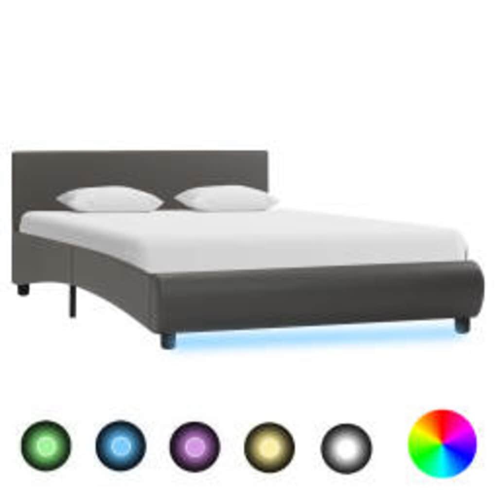 vidaXL Рамка за легло с LED сива изкуствена кожа 140x200 cм